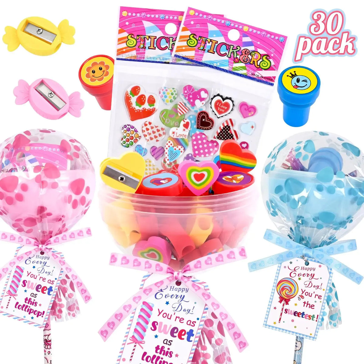 30-Pack Halloween Multicolor-with-Light Trick or Treat Lollipop Stationery Kit - Card+Gift in 1, Classroom Gifts, Child Party Supplies, Goodie Bag Fillers