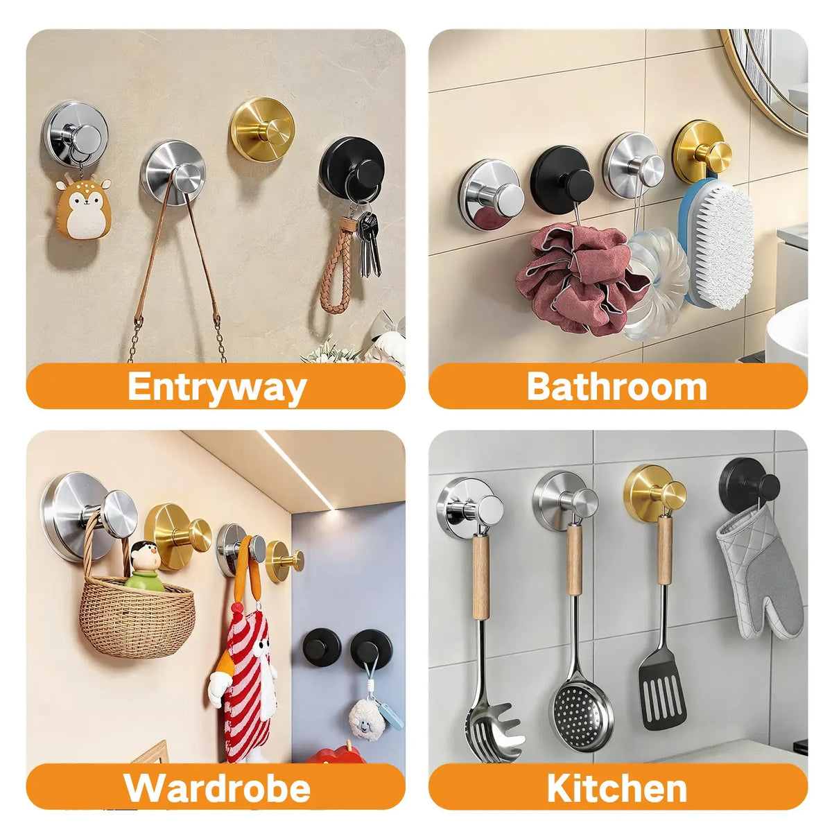 Shower Suction Cup Hooks (2/4/6 PCS) with Replaceable Core, Vacuum Locking No-Drill Removable Self-Adhesive Hooks for Bathroom Glass Tile, Home Organizers Holds Towels, House Accessories for Apartment Stuff &amp; Bathroom Decor Ideas