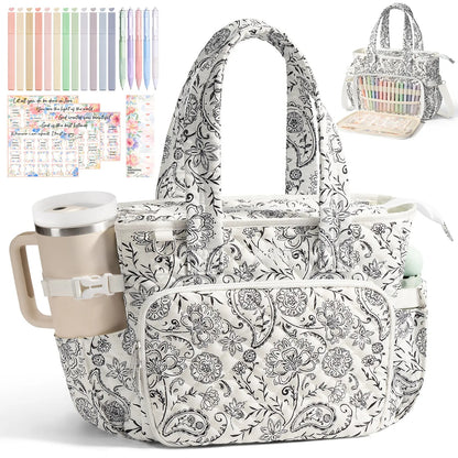 Large Women's Quilted Puffer Bible Tote - Puffy Tote Purse, Religious Church Storage Bag with Shoulder Strap, Beige Daisy/Blue Patchwork Organizer, Cute Bible Study Accessories, Christian Gift for Mom