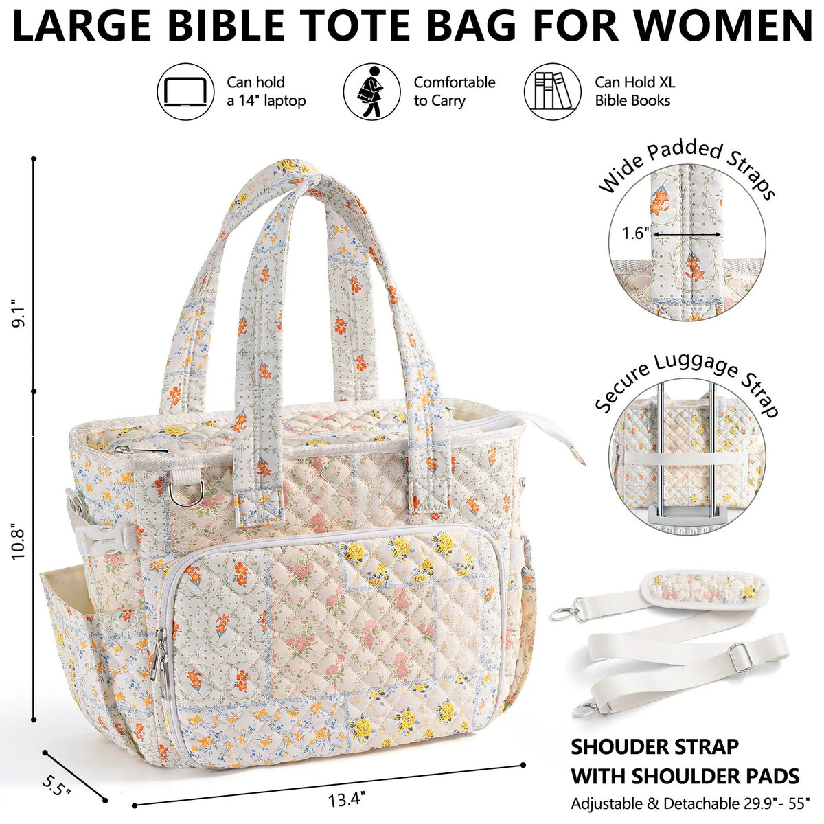 Large Women's Quilted Puffer Bible Tote - Puffy Tote Purse, Religious Church Storage Bag with Shoulder Strap, Beige Daisy/Blue Patchwork Organizer, Cute Bible Study Accessories, Christian Gift for Mom