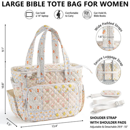 Large Women's Quilted Puffer Bible Tote - Puffy Tote Purse, Religious Church Storage Bag with Shoulder Strap, Beige Daisy/Blue Patchwork Organizer, Cute Bible Study Accessories, Christian Gift for Mom