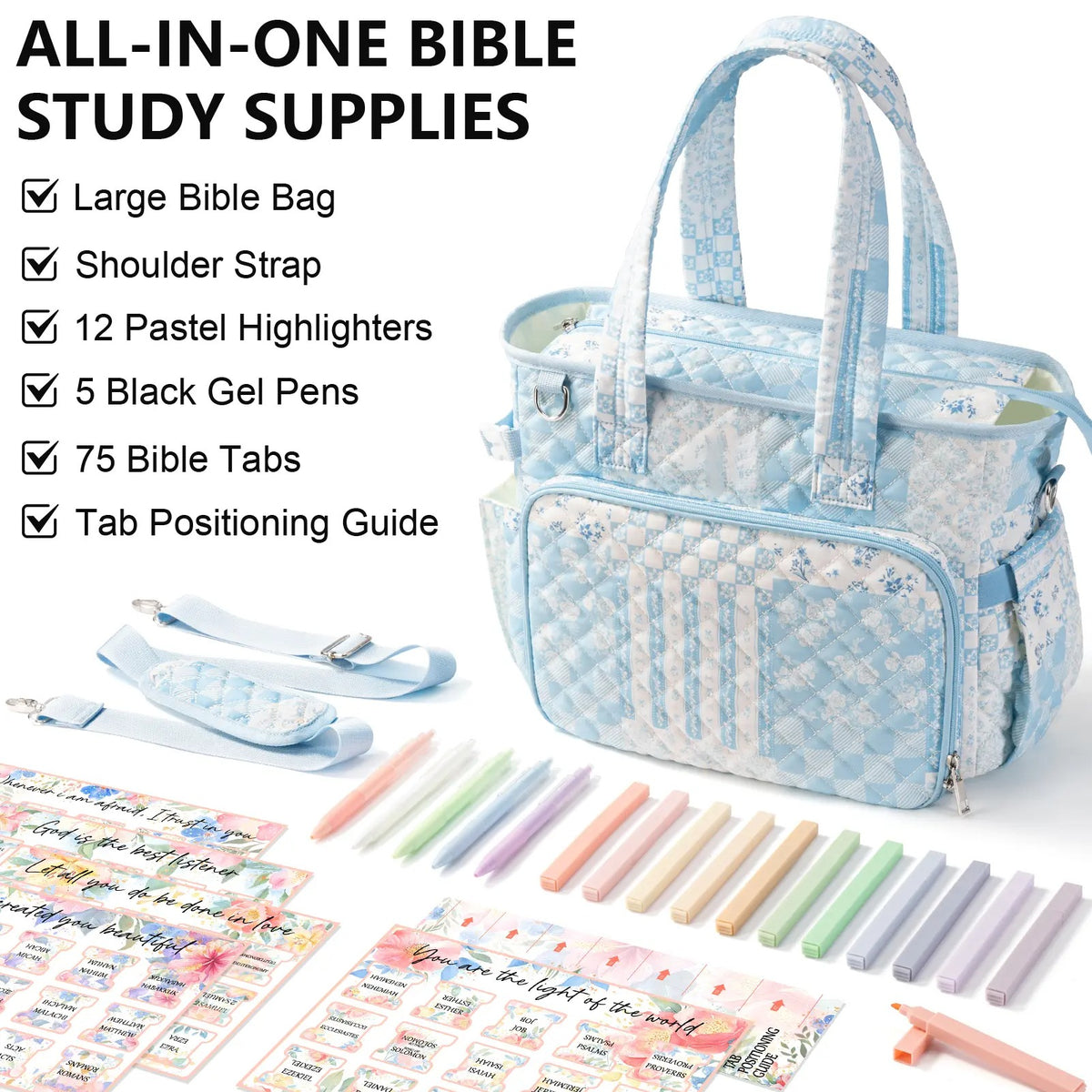 Large Women's Quilted Puffer Bible Tote - Puffy Tote Purse, Religious Church Storage Bag with Shoulder Strap, Beige Daisy/Blue Patchwork Organizer, Cute Bible Study Accessories, Christian Gift for Mom