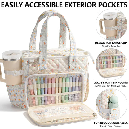 Large Women's Quilted Puffer Bible Tote - Puffy Tote Purse, Religious Church Storage Bag with Shoulder Strap, Beige Daisy/Blue Patchwork Organizer, Cute Bible Study Accessories, Christian Gift for Mom