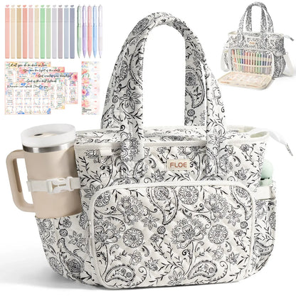 Large Women's Quilted Puffer Bible Tote - Puffy Tote Purse, Religious Church Storage Bag with Shoulder Strap, Beige Daisy/Blue Patchwork Organizer, Cute Bible Study Accessories, Christian Gift for Mom