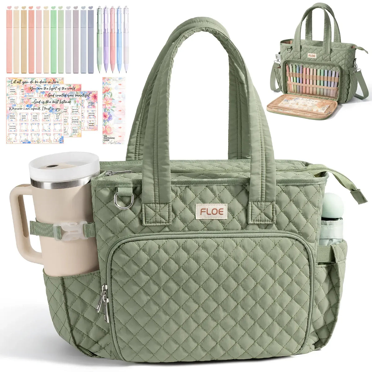 Large Women's Quilted Puffer Bible Tote - Puffy Tote Purse, Religious Church Storage Bag with Shoulder Strap, Beige Daisy/Blue Patchwork Organizer, Cute Bible Study Accessories, Christian Gift for Mom