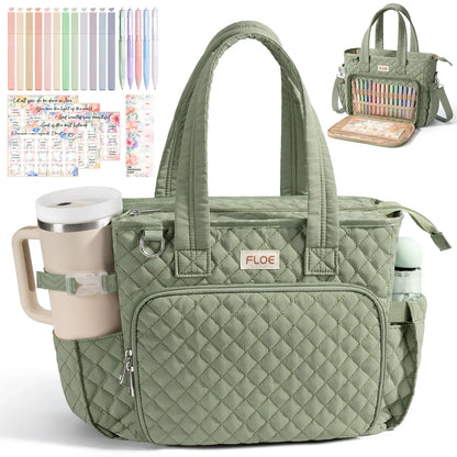 Large Women's Quilted Puffer Bible Tote - Puffy Tote Purse, Religious Church Storage Bag with Shoulder Strap, Beige Daisy/Blue Patchwork Organizer, Cute Bible Study Accessories, Christian Gift for Mom
