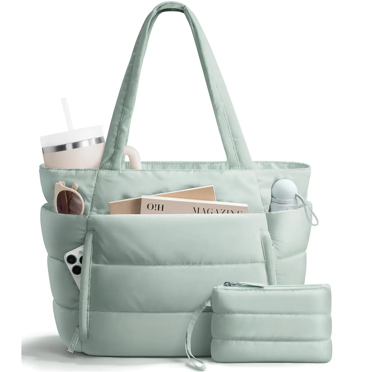 Puffer Tote Bag for Women with Makeup Bag, Large Work Laptop Bag, Lightweight Travel Bag with Zipper Gifts for Mom Wife Teacher Nurse Quilted Shoulder Handbag for School Gym summerwins