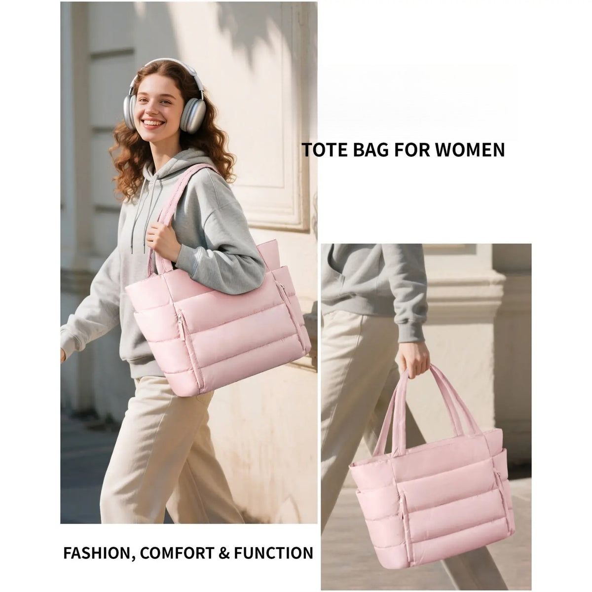 Puffer Tote Bag for Women with Makeup Bag, Large Work Laptop Bag, Lightweight Travel Bag with Zipper Gifts for Mom Wife Teacher Nurse Quilted Shoulder Handbag for School Gym summerwins
