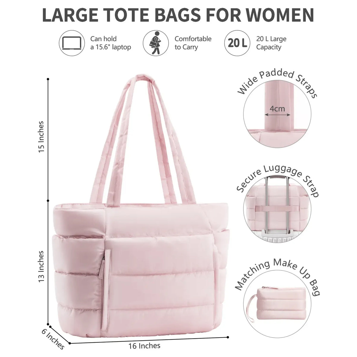Puffer Tote Bag for Women with Makeup Bag, Large Work Laptop Bag, Lightweight Travel Bag with Zipper Gifts for Mom Wife Teacher Nurse Quilted Shoulder Handbag for School Gym summerwins