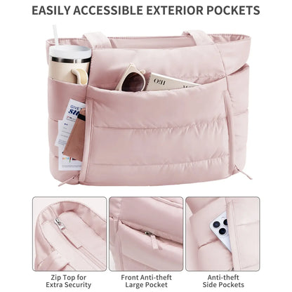 Puffer Tote Bag for Women with Makeup Bag, Large Work Laptop Bag, Lightweight Travel Bag with Zipper Gifts for Mom Wife Teacher Nurse Quilted Shoulder Handbag for School Gym summerwins