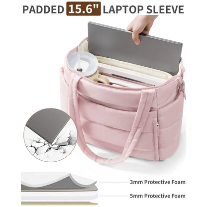 Puffer Tote Bag for Women with Makeup Bag, Large Work Laptop Bag, Lightweight Travel Bag with Zipper Gifts for Mom Wife Teacher Nurse Quilted Shoulder Handbag for School Gym summerwins
