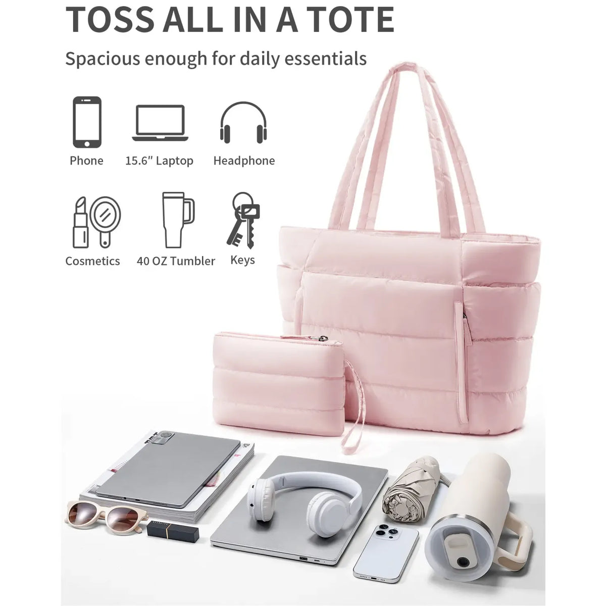 Puffer Tote Bag for Women with Makeup Bag, Large Work Laptop Bag, Lightweight Travel Bag with Zipper Gifts for Mom Wife Teacher Nurse Quilted Shoulder Handbag for School Gym summerwins