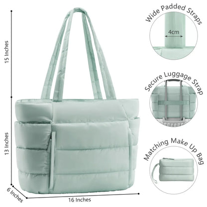 Puffer Tote Bag for Women with Makeup Bag, Large Work Laptop Bag, Lightweight Travel Bag with Zipper Gifts for Mom Wife Teacher Nurse Quilted Shoulder Handbag for School Gym summerwins