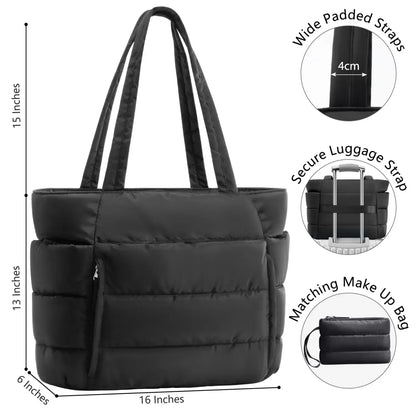 Puffer Tote Bag for Women with Makeup Bag, Large Work Laptop Bag, Lightweight Travel Bag with Zipper Gifts for Mom Wife Teacher Nurse Quilted Shoulder Handbag for School Gym summerwins