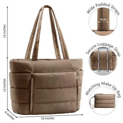 Puffer Tote Bag for Women with Makeup Bag, Large Work Laptop Bag, Lightweight Travel Bag with Zipper Gifts for Mom Wife Teacher Nurse Quilted Shoulder Handbag for School Gym summerwins