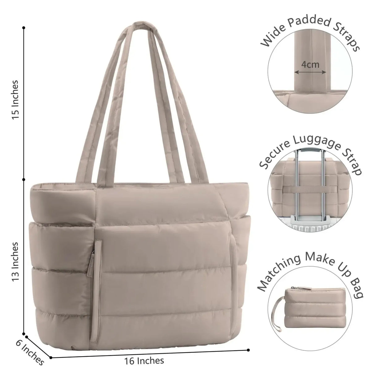 Puffer Tote Bag for Women with Makeup Bag, Large Work Laptop Bag, Lightweight Travel Bag with Zipper Gifts for Mom Wife Teacher Nurse Quilted Shoulder Handbag for School Gym summerwins
