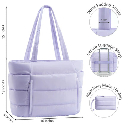 Puffer Tote Bag for Women with Makeup Bag, Large Work Laptop Bag, Lightweight Travel Bag with Zipper Gifts for Mom Wife Teacher Nurse Quilted Shoulder Handbag for School Gym summerwins