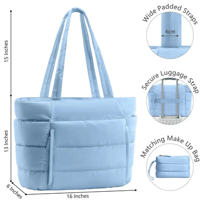 Puffer Tote Bag for Women with Makeup Bag, Large Work Laptop Bag, Lightweight Travel Bag with Zipper Gifts for Mom Wife Teacher Nurse Quilted Shoulder Handbag for School Gym summerwins