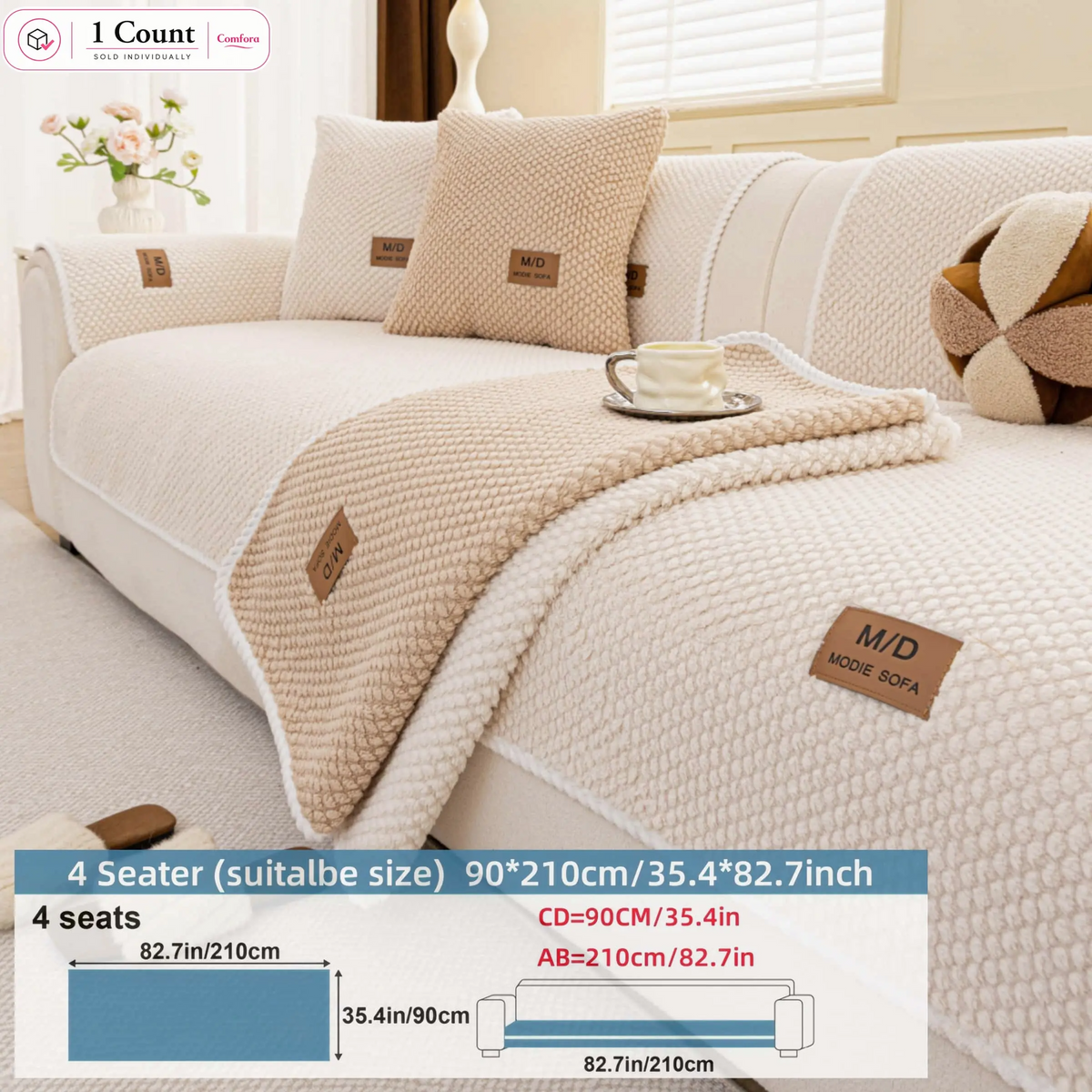 Luxury Thick Removable Couch Cover, 1 Count Soft Textured Seat Pad, Non-Slip Washable Universal Sofa Protector