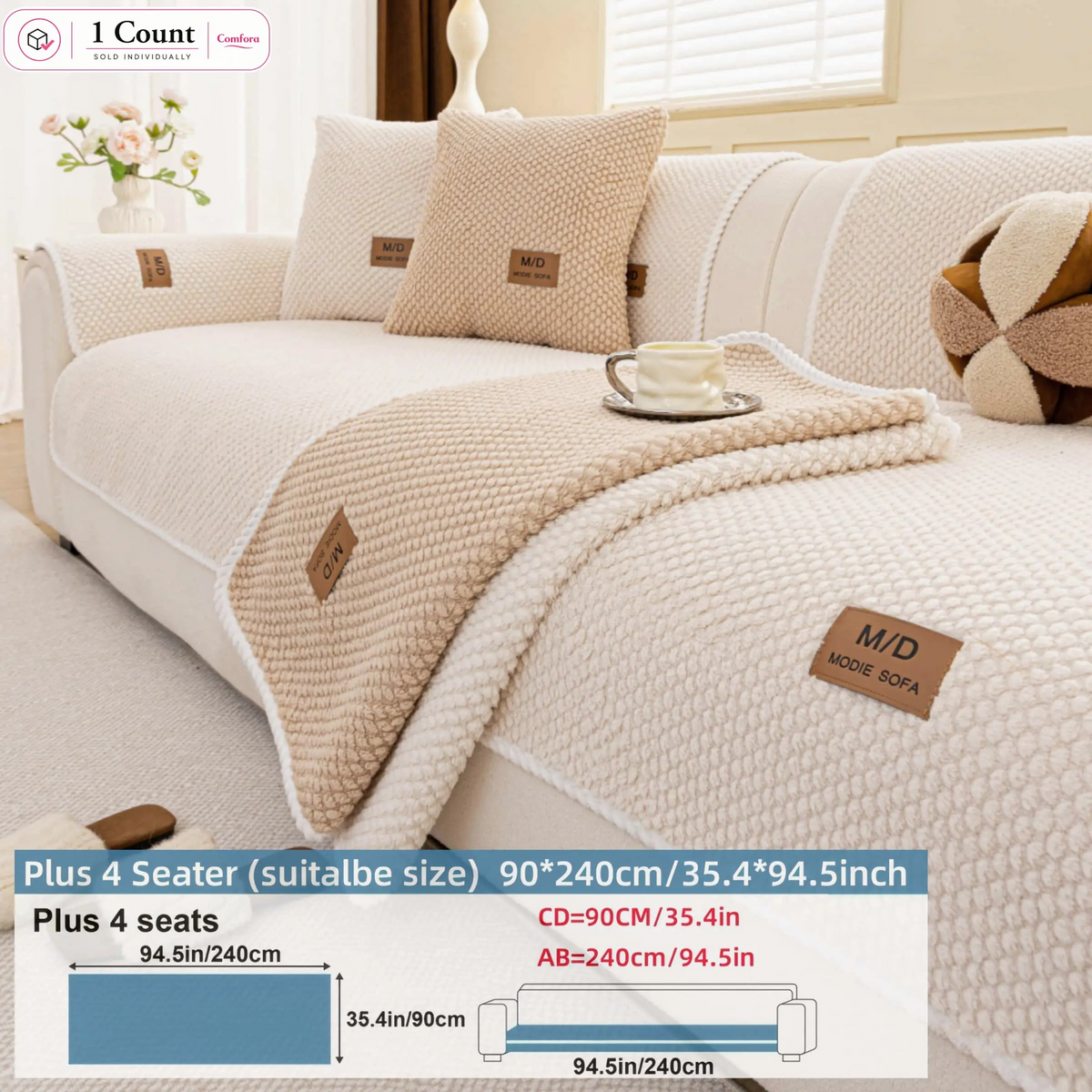 Luxury Thick Removable Couch Cover, 1 Count Soft Textured Seat Pad, Non-Slip Washable Universal Sofa Protector