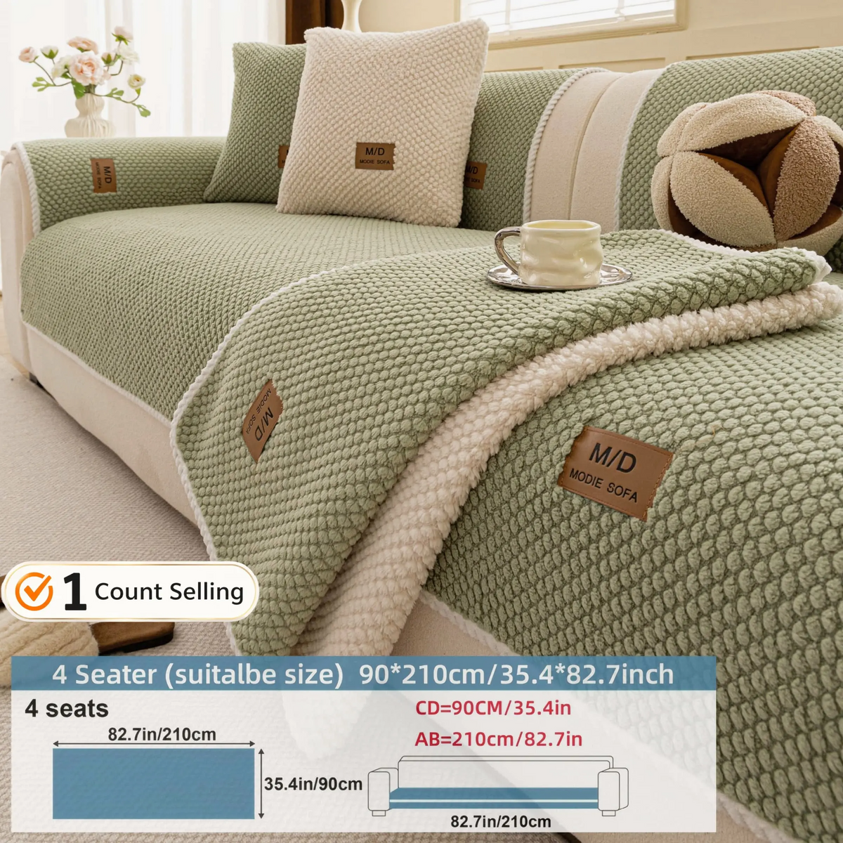 Luxury Thick Removable Couch Cover, 1 Count Soft Textured Seat Pad, Non-Slip Washable Universal Sofa Protector