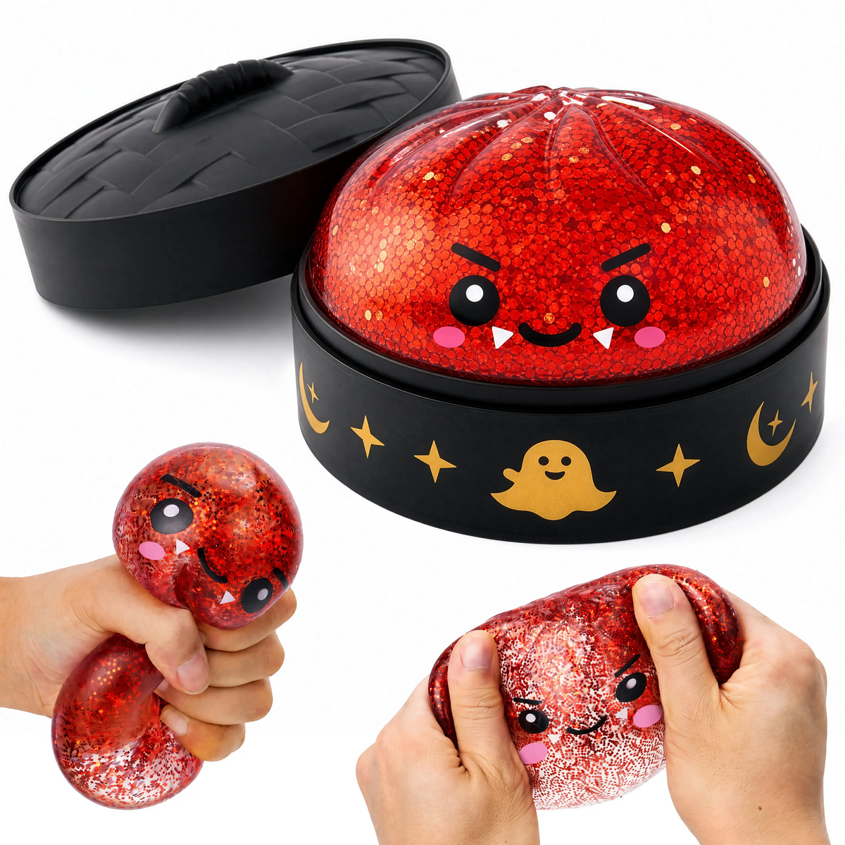 Halloween Dumpling Stress Relief Toys, 1pcs/3pcs/6pcs with Steamer Storage Boxes,Slow‑rebound maltose squishy toys, ideal for Halloween party gifts, featuring grimace pumpkin and little devil designs