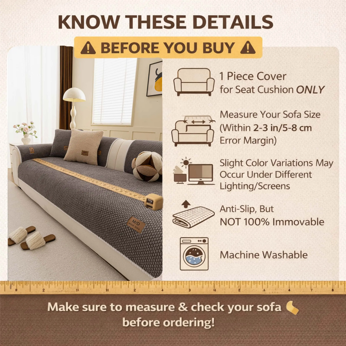 Luxury Thick Removable Couch Cover, 1 Count Soft Textured Seat Pad, Non-Slip Washable Universal Sofa Protector