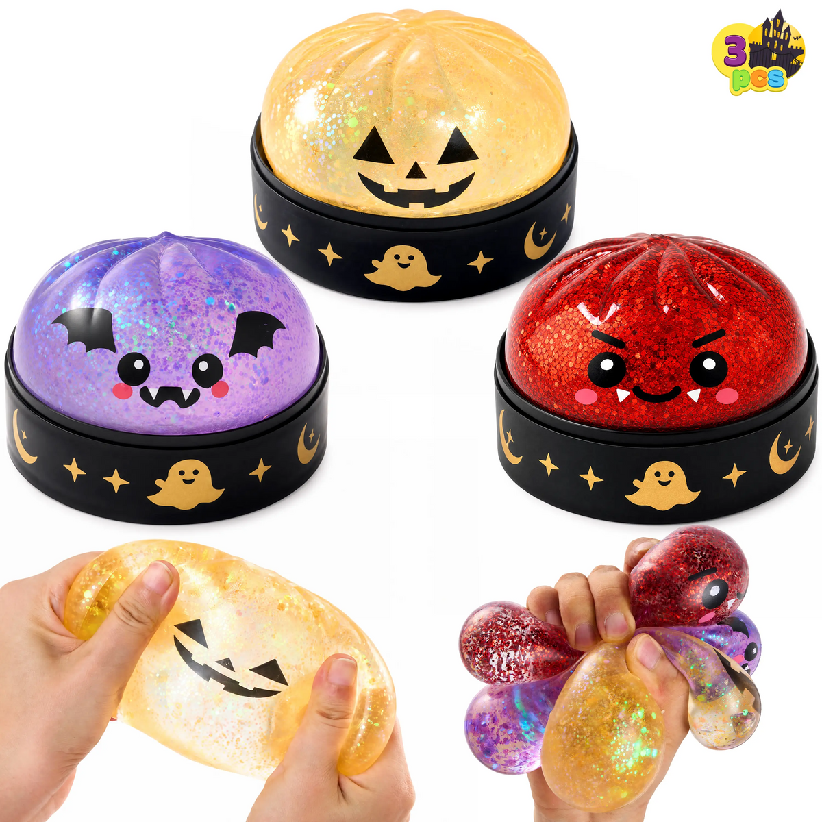 Halloween Dumpling Stress Relief Toys, 1pcs/3pcs/6pcs with Steamer Storage Boxes,Slow‑rebound maltose squishy toys, ideal for Halloween party gifts, featuring grimace pumpkin and little devil designs