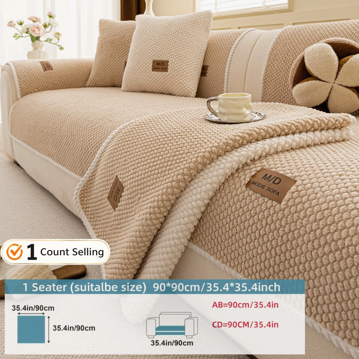 Luxury Thick Removable Couch Cover, 1 Count Soft Textured Seat Pad, Non-Slip Washable Universal Sofa Protector